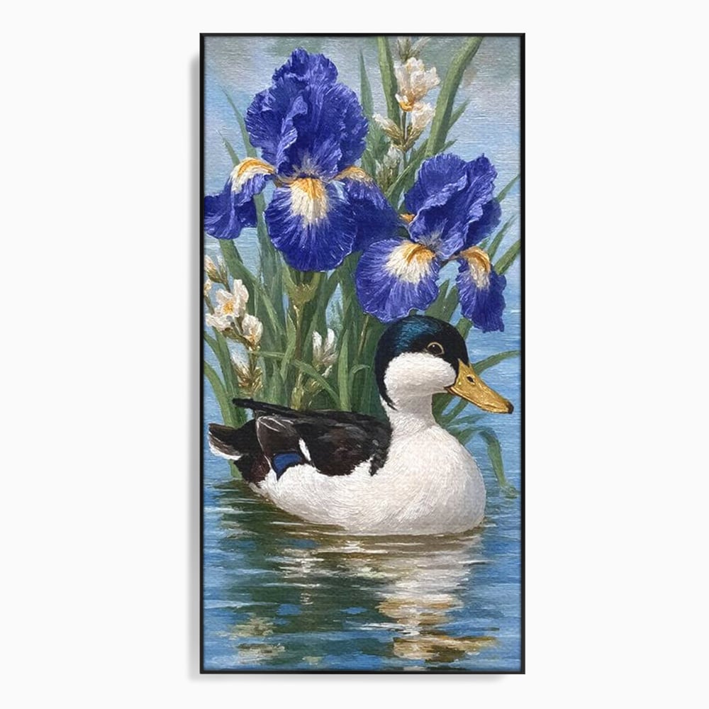 Tablou canvas cu tablou canvas cu rata pe lac si flori de iris, in rama de aluminiu negru